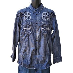 Roar Signature Button Up Shirt Men Sz L Embroidered Blue Designer